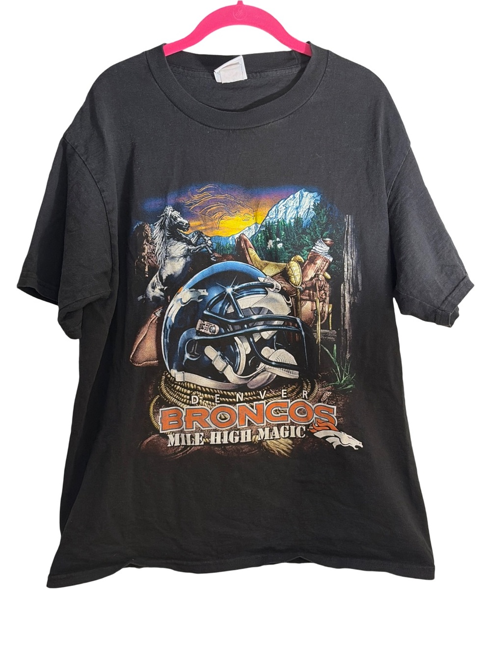 Vintage ‘90s NFL Broncos Mile High MagiGraphic Tee - Orange & Navy Helmet Design - Picture 2 of 6
